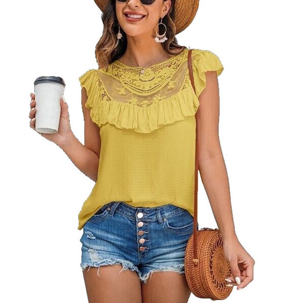 Camisa Yellow Lace Accent Ruffle Yoke Top Size M